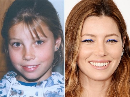 A picture of Jessica Biel before (left) and after (right).